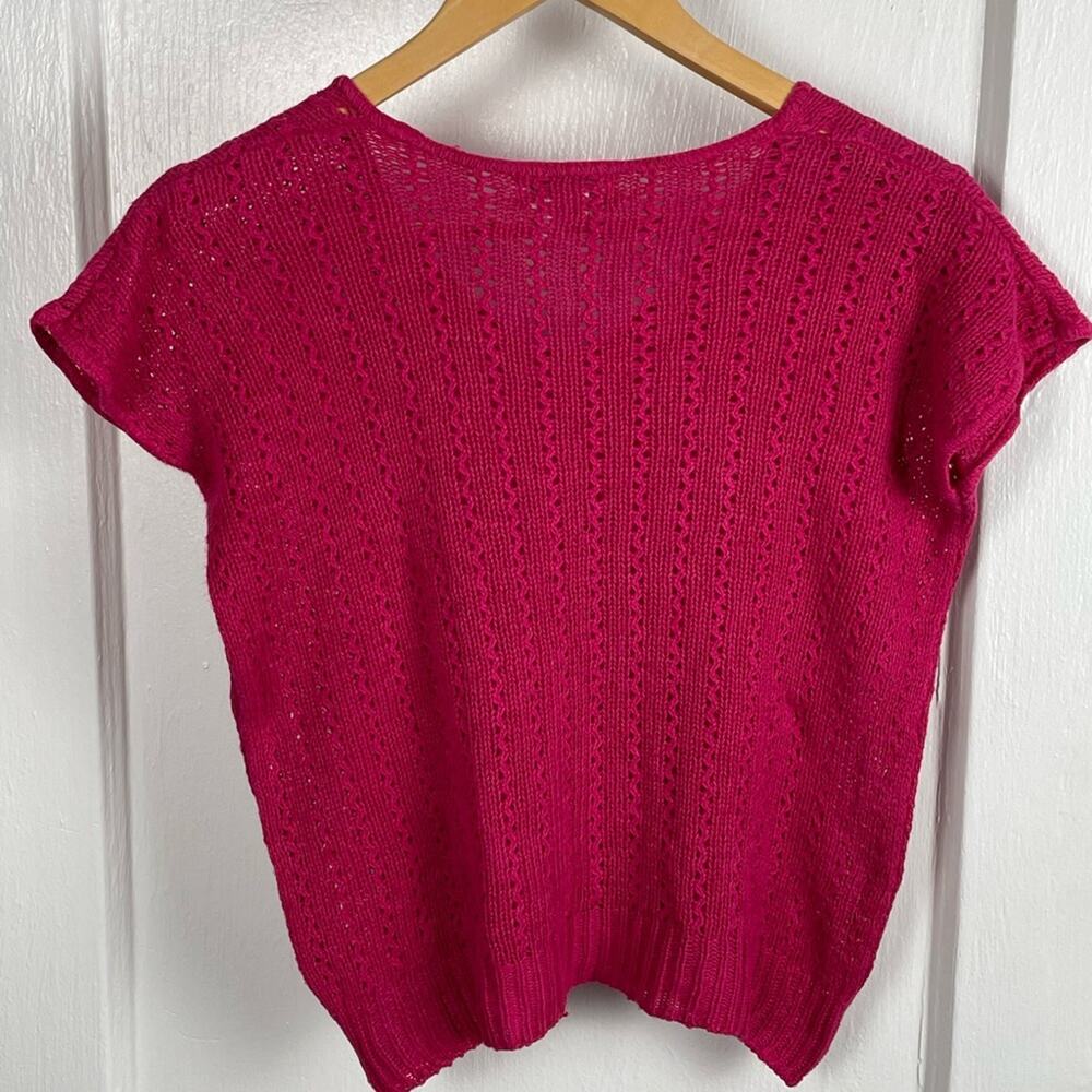 80s Vintage Hot Pink Linen Knit Sweater Bright & Saturated color Flutter Sleeves - Picture 3 of 6